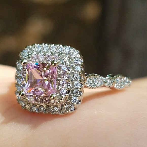 NEW Silver Pink Princess Cut Double Halo Ring - Picture 2 of 8